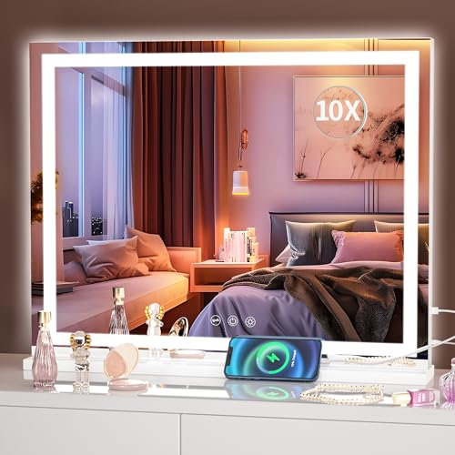 Hasipu Vanity Mirror with Lights, 58 x 48cm LED Makeup Mirror, Lighted Make up Mirrors with Dimmable 3 Modes, Touch Screen Control Vanity Mirrors Square White