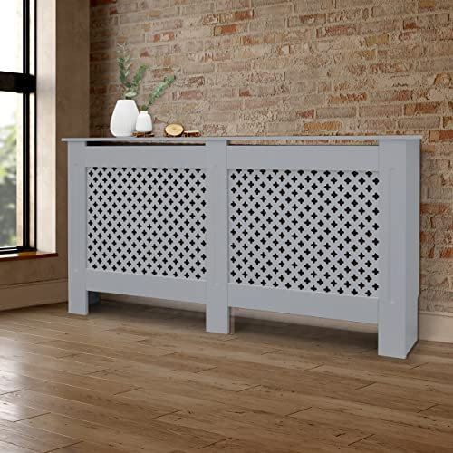 ECD Germany Cubierta del Radiador 152x19x82cm MDF Gris Lacado Revestimiento Protector Moderno de Calefacción Patrón de Panal Superficie de Estantería Útil de Madera para Sala de Estar Dormitorio