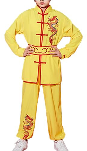 iiniim Kinder Kung Fu Uniform Jungen Mädchen Tai Chi Anzug Drache Stickerei Langarm Tops mit Hose Traditionelle Chinesische Kampfkunst Anzug Gelb 98-104