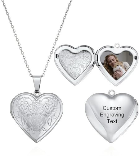 MeMeDIY Personalisiert Medaillon Kette mit Bild Damen Herz Medaillon Zum Öffnen Kette Halskette Gold/Silber/Rosegold Gravierte Gedenk Anhänger Halskette Schmuck Geschenke für Frauen -A1