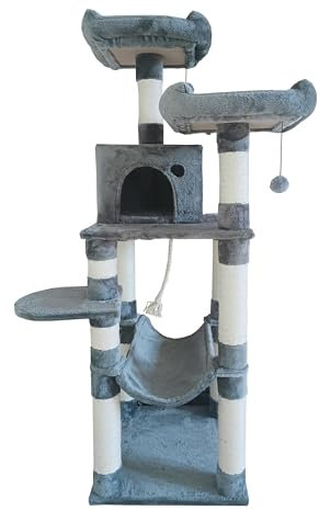 Dehner Lieblinge Kratzbaum Akiro, Katzenbaum robust, Kletterbaum für Katzen, ca. 50 x 150 x 50 cm, MDF/Sisal/Polyester, grau/beige