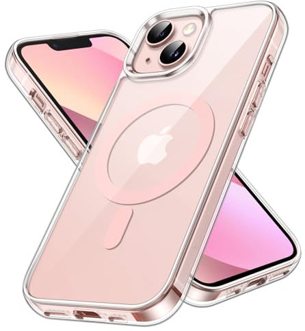 JETech Magnetisch Hülle für iPhone 13 6,1 Zoll Kompatibel mit MagSafe Kabellosem Laden, Stoßfest Handyhülle, Schutzhülle Kratzfeste Transparent Rückseite (Durchsichtig/Rosa)