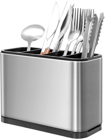 Zaxiva Portaposate Scolaposate, Porta Utensili Multifunzionale da Cucina, Organizzatore di posate in acciaio inox con 4 Scomparti e Scarichi per Riporre Bacchette, Forchette, Coltelli, Cucchiai, Ecc