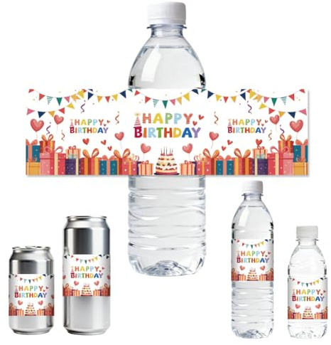 ANATTASOUL 30pcs Etiquetas para Botellas Cumpleaños con Bola Cardíaca de Agua Envolturas de Botellas de Agua Pegatinas para Botellas de Agua para Decoración de Fiestas