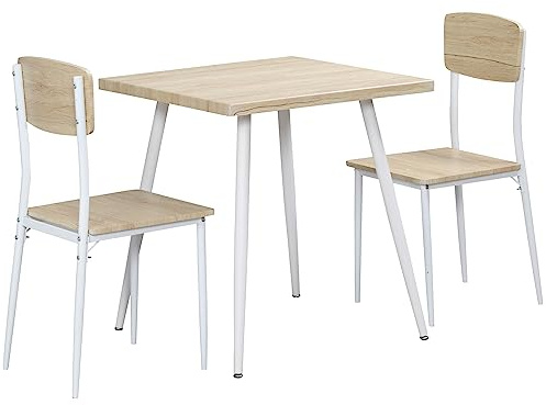 HOMCOM Ensemble Table et chaises, 3 pièces Table à Manger avec 2 chaises, Style Contemporain, pour Cuisine Salle à Manger Salon, châssis métal Plateau en Bois, Blanc et Naturel