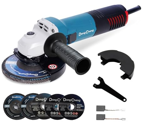 DongCheng Amoladora Angular 800W, Ø125mm, 11800 rpm, Cubierta Rápida, Empuñadura Auxiliar, Incluye 2 Discos de Desbaste, 2 de Láminas y 2 de Corte para Pulir y Cortar
