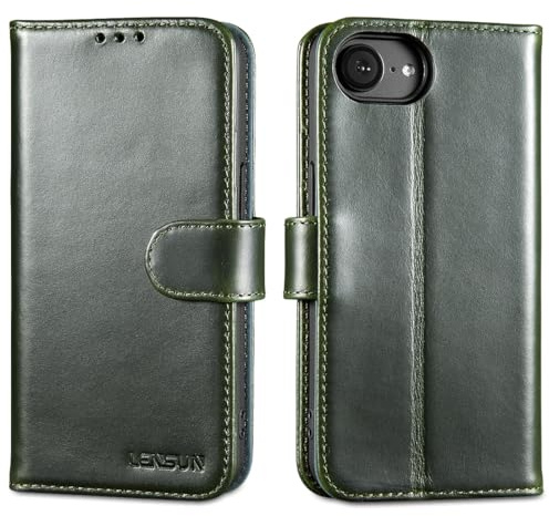 LENSUN Flip-fodral för iPhone 16e/iPhone 17e, äkta läderfodral, plånboksfodral med magnetiskt lås, kompatibelt med Apple iPhone 16e/iPhone 17e, grönt