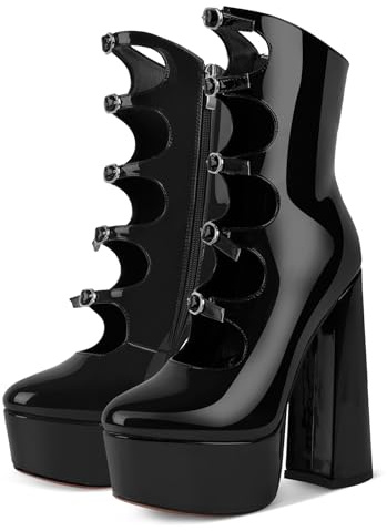 Rhineshell Women's Platform High Heels Side Zipper Adjustable Buckles Block Chunky Heel Faux Patent Leather Pumps Round Closed Toe Party Dress Hollow Out Ankle High Sandals Shoes Black Size 14