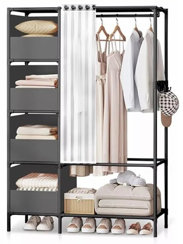 JUNHAO-SHOP Clothes Rails for Bedroom, Free Standing Open Wardrobe Closet with Hanging Rail, 4 Storage Shelves, 4 Hooks, Curtain, Black Metal Clothing Rack, 105 x 45 x 170 cm