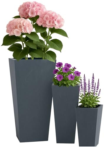 CLP Pflanzkübel groß, 3er Set für außen und innen, Outdoor XXL Blumenkübel eckig, wetterbeständig frostsicher in Steinoptik, Winterfest, Farbe:anthrazit