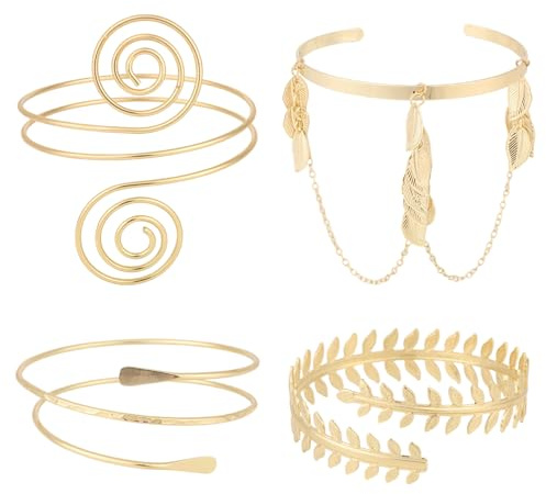 Mikovivi 4 Pezzi Braccialetti da Braccio in Oro, 4 Stili Regolabili Braccialetti Aperti da Braccio Alla Moda con Spirale Gioielli per Donna Regalo Bohémien Spiaggia Estiva