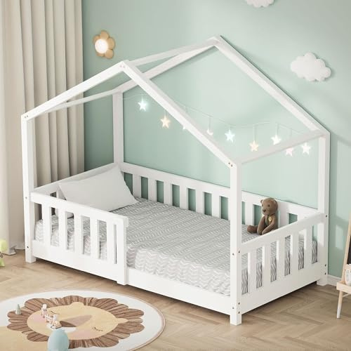 ML-Design barnsäng hussäng 70x140 cm Vitfärgad Montessori golvsäng i massiv furu med tak ribbotten och fallskydd juniorsäng sängram för barn inspirerad av Montessori trygg leksäng barnsäng