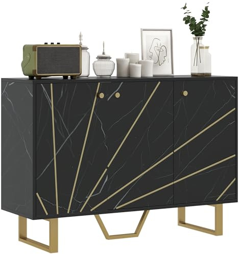 HOMCOM Sideboard Storage Cabinet with Adjustable Shelves Black Marble Tone