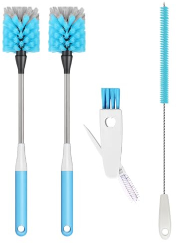Juego de 4 cepillos para Botellas, cepillos para Botellas de 38 cm de Largo, cepillos de Cocina, Incluye Limpiador de pajitas y Cepillo para Tapas, Apto para Botellas de Agua, Vasos, biberones, Azul