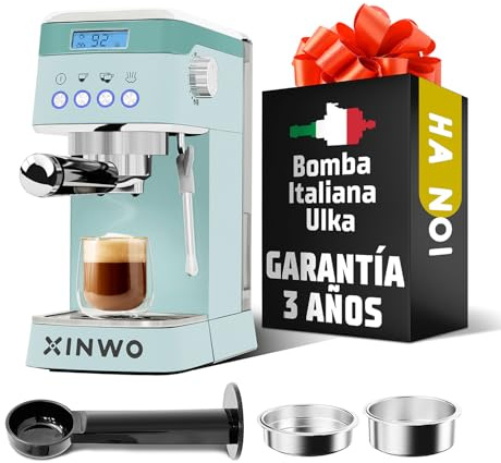 XINWO Hanoi | Cafetera Retro de Acero Inoxidable - 1.2L, 20 Bar, Vaporizador/Espumador, Portafiltros Doble - Máquina de Café Automática con Accesorios - Espressos y Cappuccinos - Azul