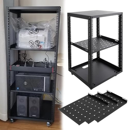 Serverställ med öppen Ram Justerbart Serverställ med Öppen Ram och Hjul, 10 12 15 18 20U Nätverksställ med Hyllor, Utrustningsskåp med Rullställ för IT och AV-utrustning(15U,3 tier)
