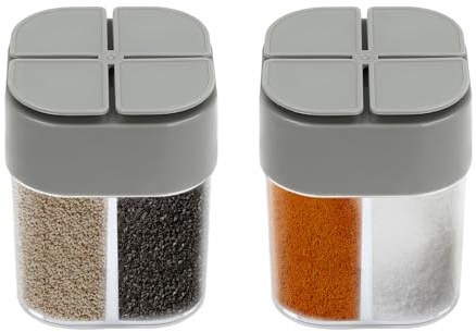 Pimientas de plástico 4 en 1, dispensadores de especias a rejilla, lote de 2 saleros, envases de especias de viaje, espolvoreadores de especias de viaje con etiquetas, para cocina y parrillas, picnic