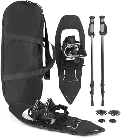 GYMAX Ensemble Raquettes avec Bâtons de Trekking Réglables, Raquettes Tout-Terrain en Aluminium avec Sac de Transport, Paniers à Neige/Boues, pour Hommes, Femmes, Adolescent (Noir,35-45 EUR)