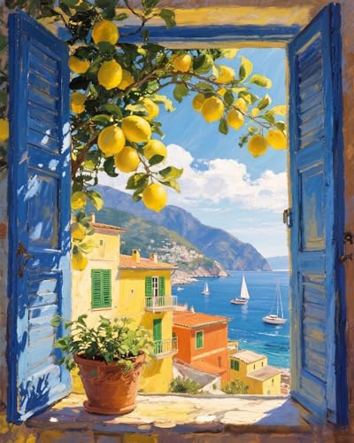 Kit de pintura por números para adultos, árbol de limón, pintado a mano, kit de pintura al óleo por números, juego de lienzo, vista de ventana de la ciudad costera, 40 x 50 cm, con pinturas acrílicas