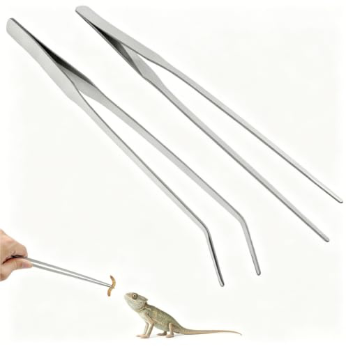 Sinaya Aquarium Tweezers Set, 15 Inch/38cm Stainless Steel Straight & Curved Tweezers, Rustproof Aquascaping Tools, Non-Slip Feeding Tongs for Fish Tank Plants, Reptiles, Silver 2Pcs