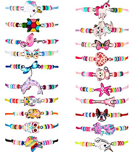 BBTO 20 Pcs Girl Friendship Colorful Bracelets Set Kids Rainbow Party Favors Easter Basket Stuffers Unicorn Animal Pendant Owl Cat Cute Adjustable Bracelets for Girls Women Valentine Easter Gift
