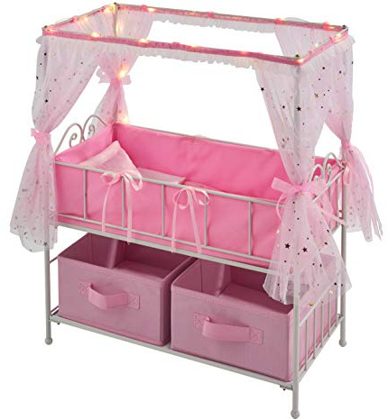 Badger Basket Starlights Metal Doll Crib with Canopy, Bedding, Storage & LED Lights – Pink/White Stars – Fits Dolls up to 18 Inches