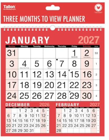 2027 Calendar Planner Month to View/Week to View Organiser Spiral Bound Wall Planner for Home Business Office School (Three Months to View)