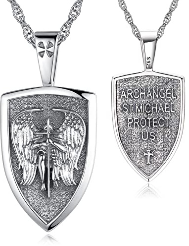 Eusense Ärkeängel Mikael-halsband i 925 silver, skyddande amulett, smycke för män och kvinnor, Sterlingsilver, Ingen ädelsten