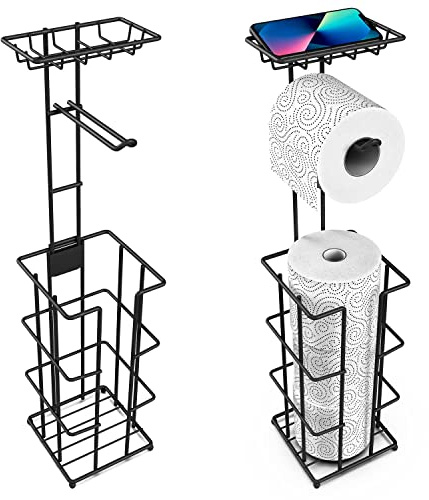 Vinsani Metal Freestanding Toilet Paper Roll Holder & Storage - 4 Tissue Paper Rolls with Multifunctional Storage Rack Minimalist Modern Style Rust Resistant for Toilet Bathroom – Black