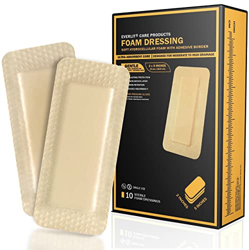 EVERLIT Care Silicone Foam Dressing with Adhesive Border | Highly Absorbent Hypoallergenic Bandages for Chronic Wounds, Bed Sores, Pressure Ulcers | Gentle & Secure Adhesion (2 x 5 | 10 Pack)