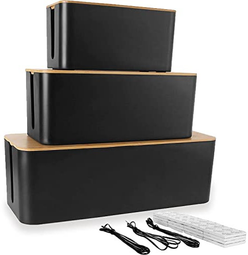 ASelected 3er-Set Kabelbox Schwarz, Große Kabel Organizer Box mit Holzdeckel für Kabel, Große und Kleine Kabelmanagement Box Adapter, Steckerleisten, Kabel Verstecken Box