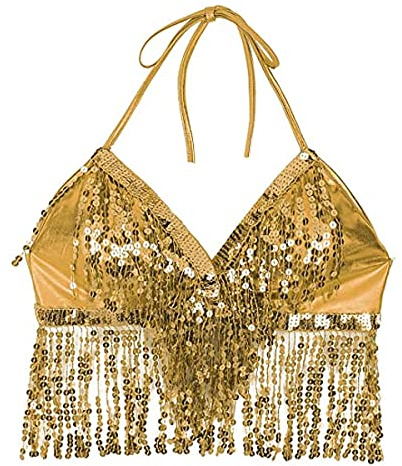 Top corto de danza del vientre, sujetador de top halter con cuentas de lentejuelas para mujer, sujetador de tubo sin espalda con flecos y borlas para danza del vientre, baile latino, club de fiesta