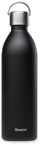 Qwetch - Bouteille Isotherme Active Noir 1L - Gourde avec Anse Inox Recyclé - 24h Froid et 12h Chaud - Etanche, Sans BPA & Compacte