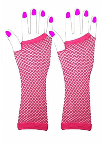 Lizzy | Fishnet Gloves Set | Neon Pink, One Size, 28cm | 80s Fancy Dress Accessory, Stretchy, Lightweight | For Hen Party, Dance, Rave, Themed Costume