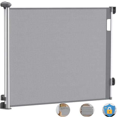 HOMGEN Retractable Stair Baby Gates 180cm/71Inch Long Mesh Baby Gate Auto-Retraction with Dual Lock Extendable Stair Gate 86cm/34Inch Tall Retractable Dog Gate Tear-resistant Retractable Pet Gate