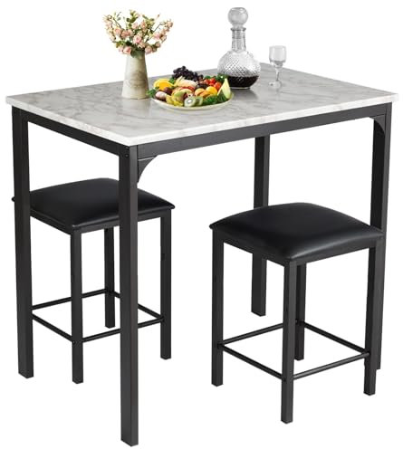 RELAX4LIFE Esstisch Set 3-teilig, Esszimmertisch mit 2 Gepolsterten Barhockern, Küchentischset mit Metallgestell, Essgruppe für 2 Personen, Esszimmergruppe für Küche & Esszimmer (Weiß)