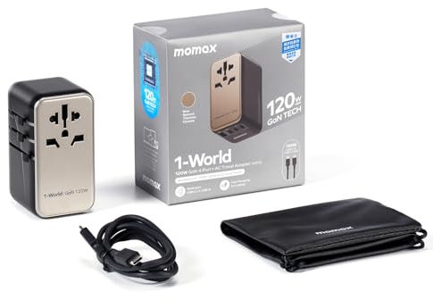 MOMAX 120W GaN Adattatore Universale da Viaggio Carica Rapida USB C, Spina da Viaggio per Vision Pro con 3USB C 1USB A, Adattatore Presa Americana,Adattatore Presa Inglese, Giappone UE Australia, ecc.