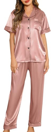 Lovasy Women's Satin Pyjama Set Classic Silky Pajama Button Down Ladies Pyjamas Two Piece Pjs Set,Deep Pink,S