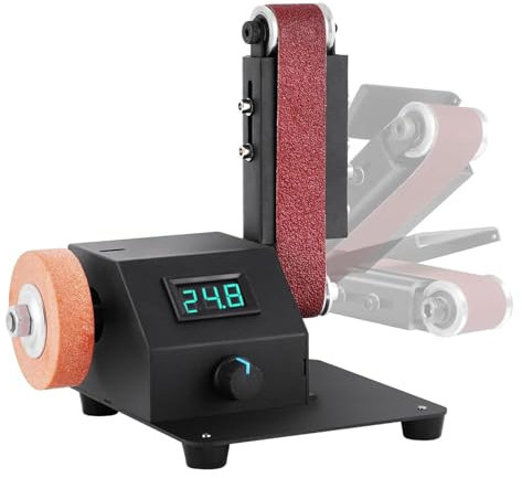 Molabinera de banco, lijadora de la banda para molinillo de banco hecho a mano, 350 W con 10 cinturones de lijado, mesa de alta velocidad para metal, carpintería