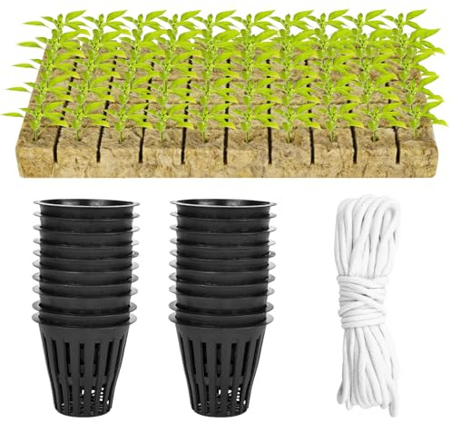XCRPRT 100Pcs Net Cup Pots, Hydroponics Basket Kit Include 50Pcs 2 Inch Slotted Mesh Net Pot Cups & 50Pcs Rockwool Planting Cubes Set with 10 m Self Watering Wick for Aquaponics Indoor Outdoor Netted