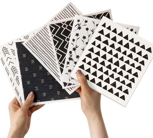 Swedish Dishcloth Set of 6 - Reusable Cellulose Wooden Fiber Kitchen Sponge Dish Cloth for Cleaning Pots and Bowls, Cloths Geometric Design - Eco-Friendly Cloths Dish Cloth for Kitchen Use (6)