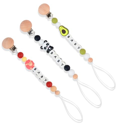 Lot de 3 attache-tétines en silicone - Design animal - Chaîne de tétine réglable - Pour bébé garçon et fille (panda, mouton avocat)