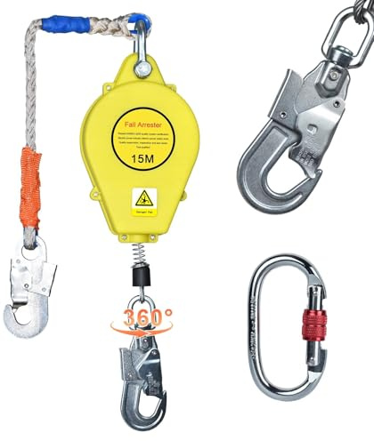 VFDZ Dispositivo de Seguridad Anticaídas Retráctil, 150kg (Amarillo,15m) | Dispositivo Anticaida Retractil con Gancho Giratorio de 360°, Profesional Linea de Vida Retractil para Trabajos Aéreos