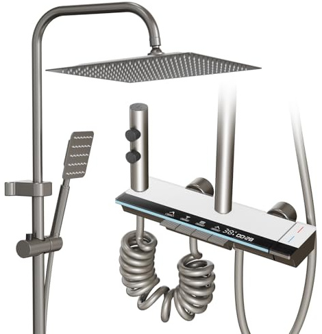 LANMOU Regendusche mit Armatur, Grau Duschsystem mit Glasablage & LED, Edelstahl Duschkopf Regendusche 30x30cm, Wassersparend Duschset, Höhenverstellbare 76-144cm, Duschgarnitur set mit Handbrause