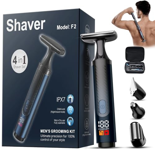 WUXO Rasoio per schiena da uomo, con custodia da viaggio, display a LED, testa a T ultra larga da 5,1 cm con manico lungo, blocco di sicurezza, IPX7 bagnato/asciutto, trimmer posteriore