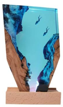 Kidaromo Ocean Epoxy Resin Lamp, 3D Resin Ocean Animal Figures Night Light with Wooden Base, Handmade Diver Desktop Ambient Lamp, Deep Sea Decor Gift for Room, Office & Diving Lovers