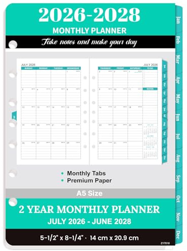 2026-2028 Monthly Planner Refill - A5 Planner Inserts with 7-Hole Punched for 7-Ring Binder, 5-1/2 x 8-1/2, 2 Year Monthly Calendar with Tabs, July 2026 to June 2028
