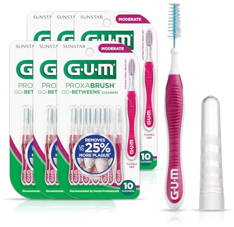 GUM Proxabrush Go-Betweens - Moderate - Interdental Brushes - Soft Bristled Dental Picks for Plaque Removal Health - Safe for Braces & Dental Devices, 10 Count(Pack of 6)