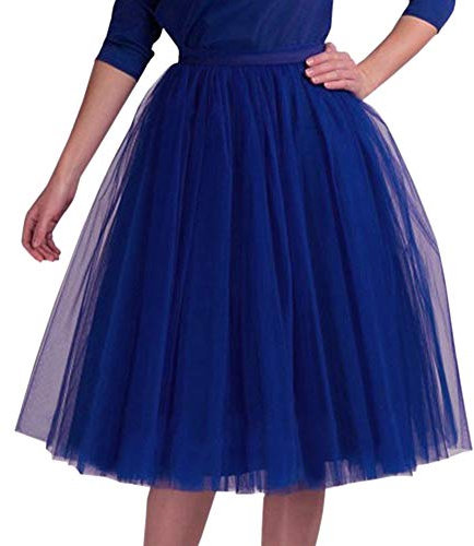 Minetom Damen Mädchen Tüllrock Hochwertiger Gefalteter Gaze-Knie-Längenrock Erwachsener Tutu-Tanzenrock Unterrock Party Abend Formelle Rock Blau M (66-110cm)