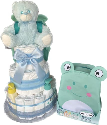 Tarta De Pañales DODOT y Neceser NENUCO 3 Pisos Niña y Niño con Accesorios - Regalo Original para recién nacido padres primerizos - Regalo para Bebé - Supermolón (Niño)